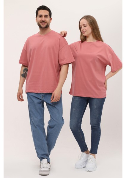 Kadın Erkek Gül Kurusu Pembe Oversize Bol Kalıp Basic T-Shirt