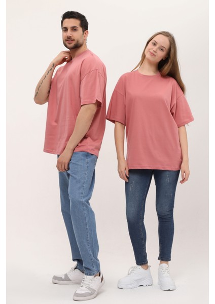 Kadın Erkek Gül Kurusu Pembe Oversize Bol Kalıp Basic T-Shirt