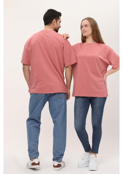 Kadın Erkek Gül Kurusu Pembe Oversize Bol Kalıp Basic T-Shirt