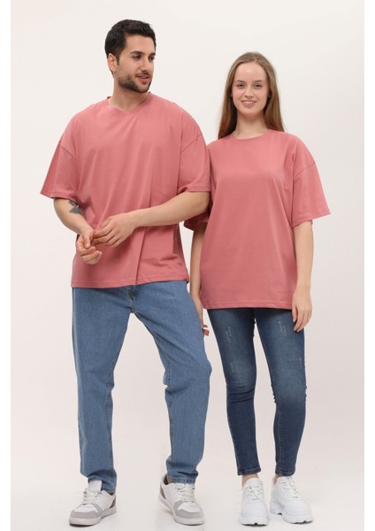 Kadın Erkek Gül Kurusu Pembe Oversize Bol Kalıp Basic T-Shirt