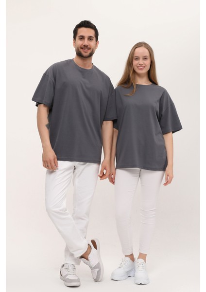 Kadın Erkek Antrasit Koyu Gri Oversize Bol Kalıp Basic T-Shirt