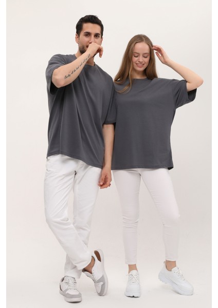 Kadın Erkek Antrasit Koyu Gri Oversize Bol Kalıp Basic T-Shirt modelleri