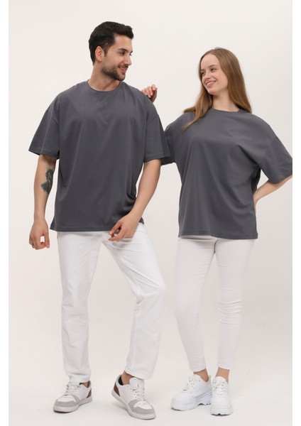 Kadın Erkek Antrasit Koyu Gri Oversize Bol Kalıp Basic T-Shirt fırsatları