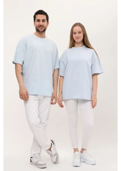 Kadın Erkek Açık Mavi Oversize Bol Kalıp Basic T-Shirt