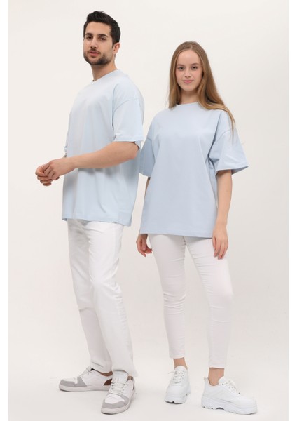 Kadın Erkek Açık Mavi Oversize Bol Kalıp Basic T-Shirt