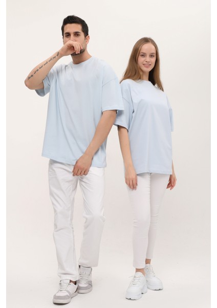 Kadın Erkek Açık Mavi Oversize Bol Kalıp Basic T-Shirt