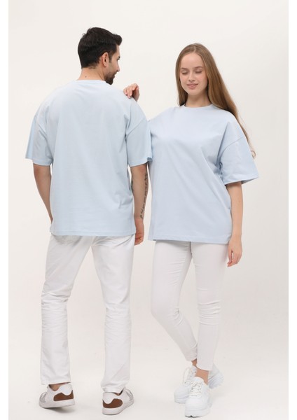 Kadın Erkek Açık Mavi Oversize Bol Kalıp Basic T-Shirt