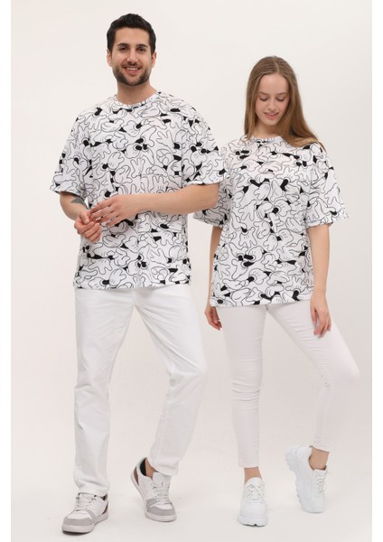 Kadın Erkek Siyah Beyaz Desenli Oversize Bol Kalıp Basic T-Shirt