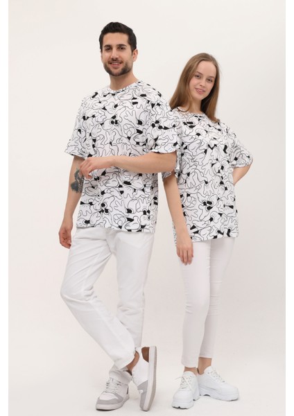Kadın Erkek Siyah Beyaz Desenli Oversize Bol Kalıp Basic T-Shirt fiyatları