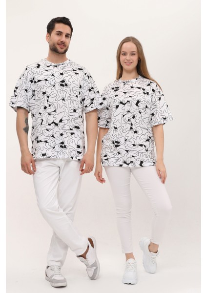 Kadın Erkek Siyah Beyaz Desenli Oversize Bol Kalıp Basic T-Shirt modelleri