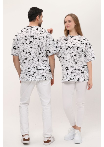 Kadın Erkek Siyah Beyaz Desenli Oversize Bol Kalıp Basic T-Shirt indirimleri