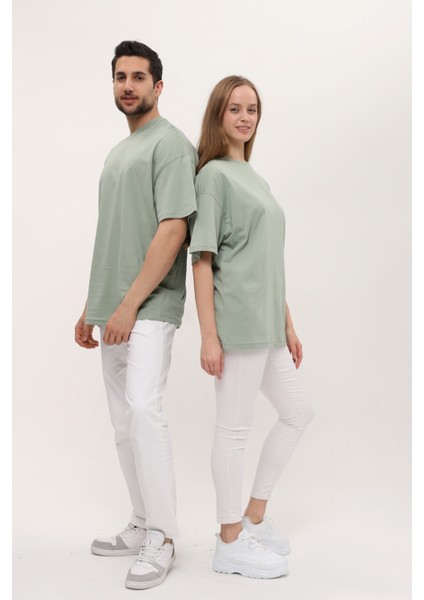 Kadın Erkek Çağla Yeşili Oversize Bol Kalıp Basic T-Shirt fiyatları