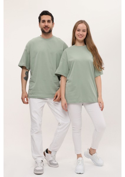 Kadın Erkek Çağla Yeşili Oversize Bol Kalıp Basic T-Shirt modelleri
