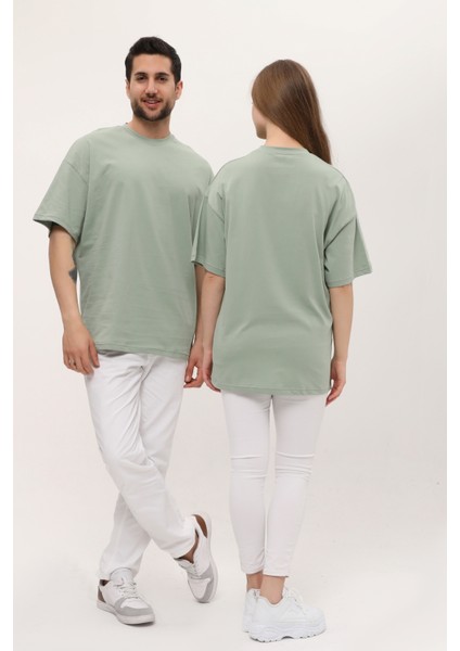 Kadın Erkek Çağla Yeşili Oversize Bol Kalıp Basic T-Shirt indirimleri