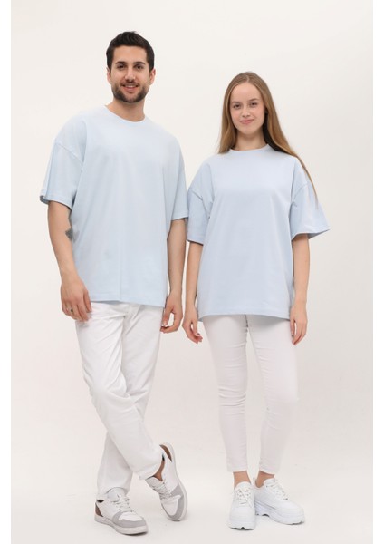 Kadın Erkek Açık Mavi Oversize Bol Kalıp Basic T-Shirt modelleri
