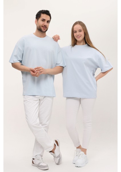 Kadın Erkek Açık Mavi Oversize Bol Kalıp Basic T-Shirt fırsatları