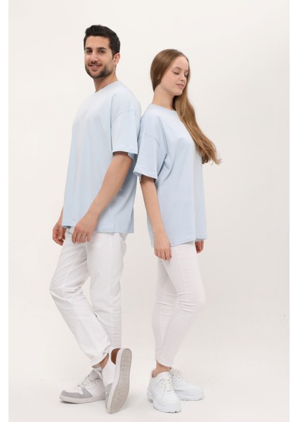 Kadın Erkek Oversize Açık Mavi Bol Kalıp Basic T-Shirt modelleri
