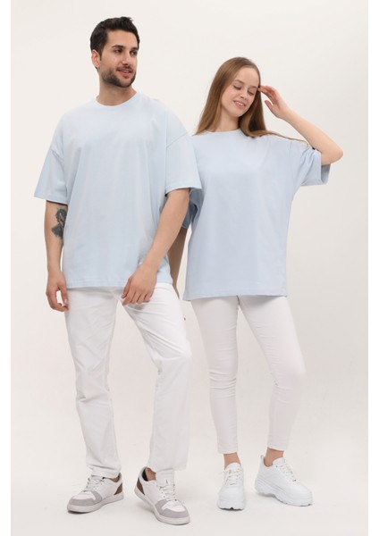 Kadın Erkek Oversize Açık Mavi Bol Kalıp Basic T-Shirt fırsatları