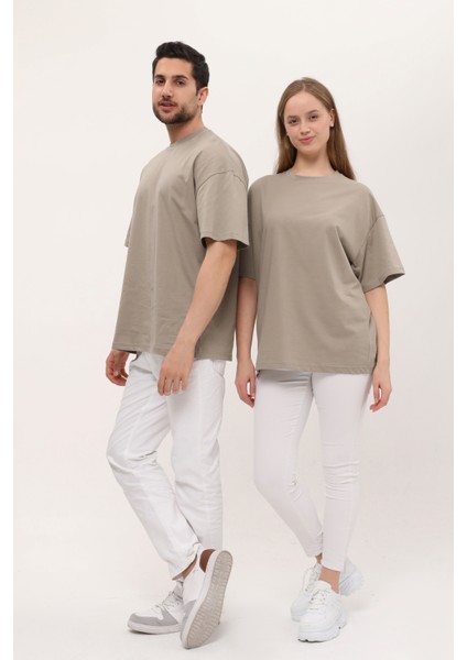 Kadın Erkek Açık Kahverengi Oversize Bol Kalıp Basic T-Shirt fırsatları