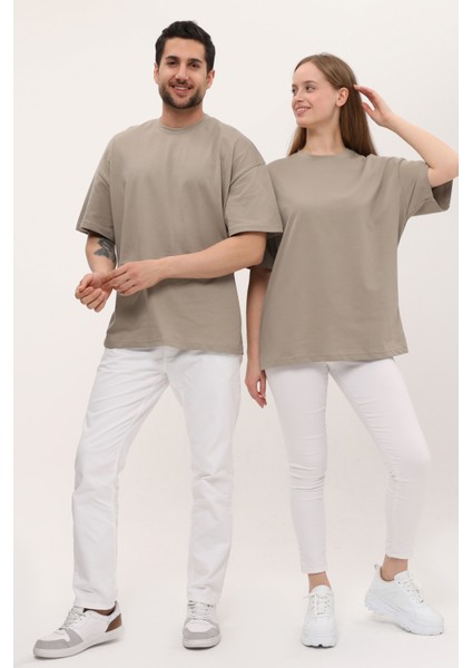 Kadın Erkek Açık Kahverengi Oversize Bol Kalıp Basic T-Shirt indirimleri