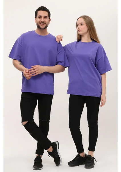 Kadın Erkek Mor Oversize Bol Kalıp Basic T-Shirt