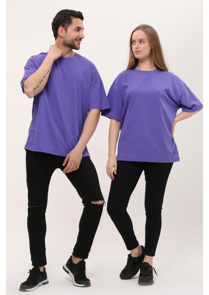 Kadın Erkek Mor Oversize Bol Kalıp Basic T-Shirt