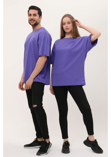 Kadın Erkek Mor Oversize Bol Kalıp Basic T-Shirt