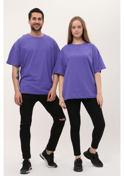 Kadın Erkek Mor Oversize Bol Kalıp Basic T-Shirt