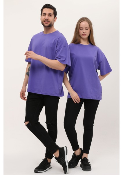 Kadın Erkek Mor Oversize Bol Kalıp Basic T-Shirt