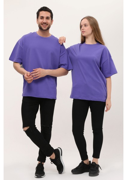 Kadın Erkek Mor Oversize Bol Kalıp Basic T-Shirt fiyatları