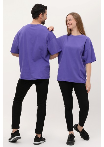 Kadın Erkek Mor Oversize Bol Kalıp Basic T-Shirt indirimleri