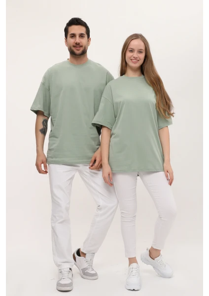 Kadın Erkek Çağla Yeşili Oversize Bol Kalıp Basic T-Shirt