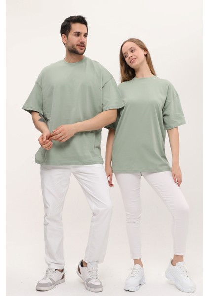 Kadın Erkek Çağla Yeşili Oversize Bol Kalıp Basic T-Shirt