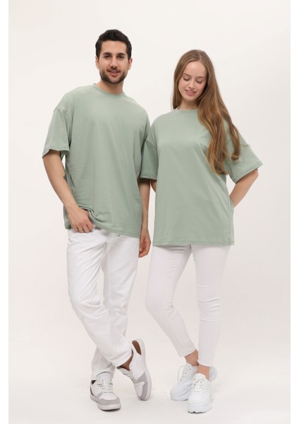 Kadın Erkek Çağla Yeşili Oversize Bol Kalıp Basic T-Shirt