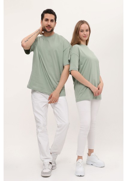 Kadın Erkek Çağla Yeşili Oversize Bol Kalıp Basic T-Shirt