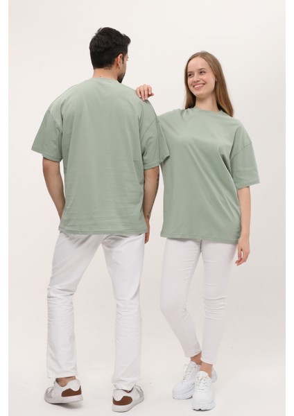 Kadın Erkek Çağla Yeşili Oversize Bol Kalıp Basic T-Shirt