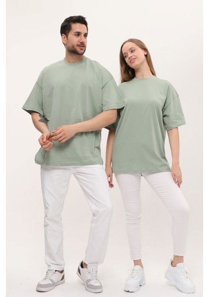 Kadın Erkek Çağla Yeşili Oversize Bol Kalıp Basic T-Shirt indirimleri