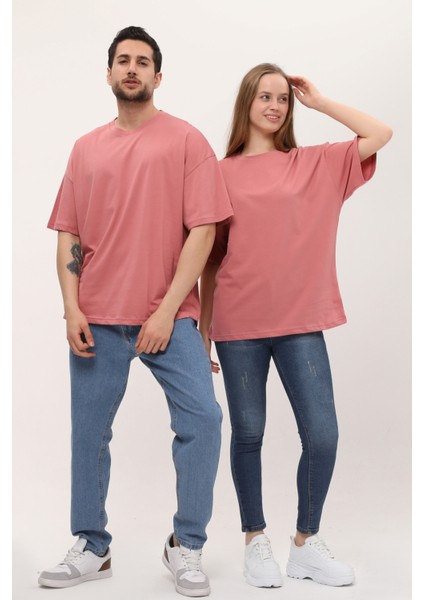 Kadın Erkek Gül Kurusu Oversize Bol Kalıp Basic T-Shirt