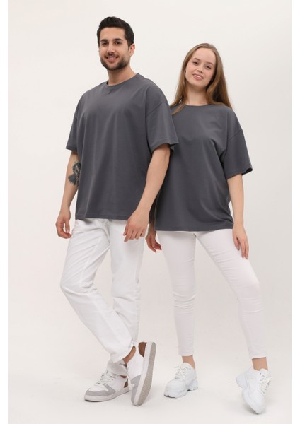 Kadın Erkek Antrasit Koyu Gri Oversize Bol Kalıp Basic T-Shirt