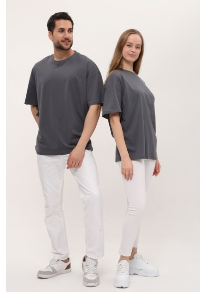 Kadın Erkek Antrasit Koyu Gri Oversize Bol Kalıp Basic T-Shirt modelleri