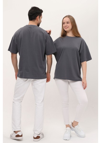 Kadın Erkek Antrasit Koyu Gri Oversize Bol Kalıp Basic T-Shirt indirimleri