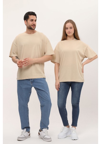 Kadın Erkek Krem Oversize Bol Kalıp Basic T-Shirt modelleri