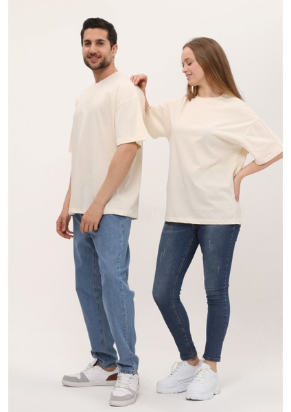 Kadın Erkek Açık Ekru Oversize Bol Kalıp Basic T-Shirt fiyatları