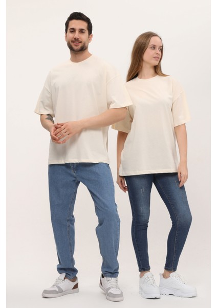 Kadın Erkek Açık Ekru Oversize Bol Kalıp Basic T-Shirt fırsatları