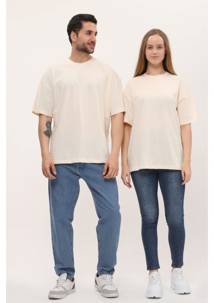 Kadın Erkek Açık Ekru Oversize Bol Kalıp Basic T-Shirt