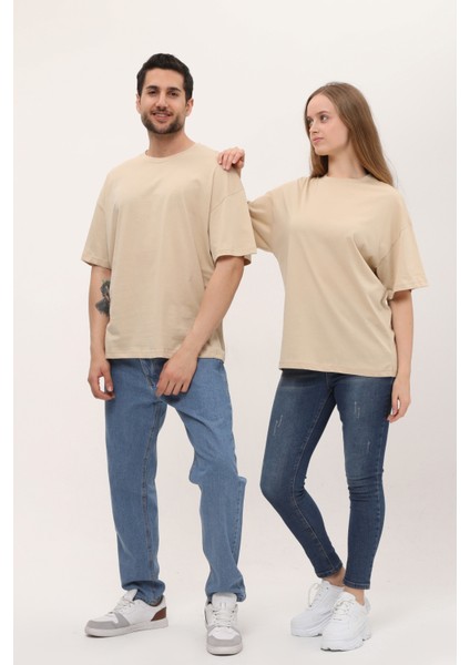 Kadın Erkek Krem Oversize Bol Kalıp Basic T-Shirt fırsatları