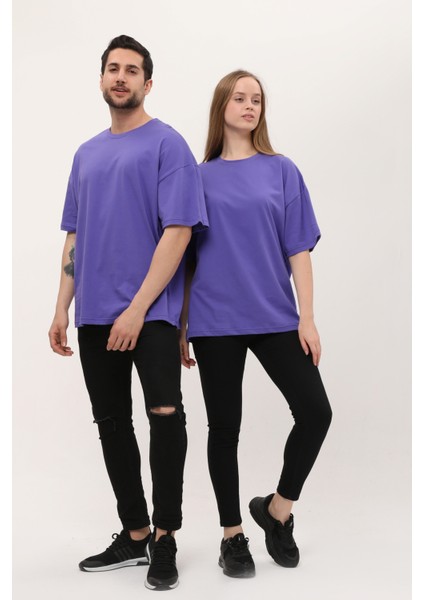 Kadın Erkek Mor Oversize Bol Kalıp Basic T-Shirt modelleri