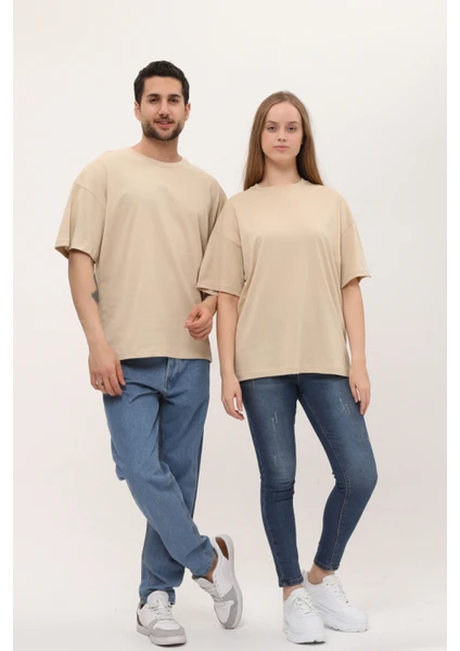 Kadın Erkek Krem Oversize Bol Kalıp Basic T-Shirt