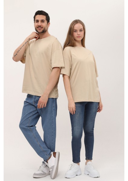 Kadın Erkek Krem Oversize Bol Kalıp Basic T-Shirt