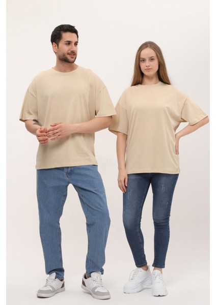 Kadın Erkek Krem Oversize Bol Kalıp Basic T-Shirt